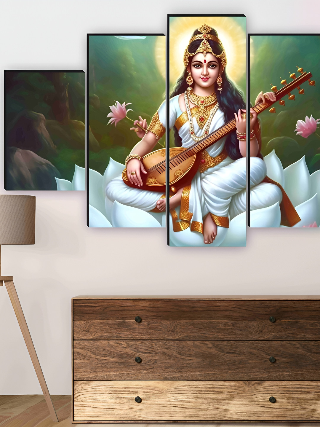 SAF White & Green 5 Pieces Wooden Saraswati Ma Wall Arts