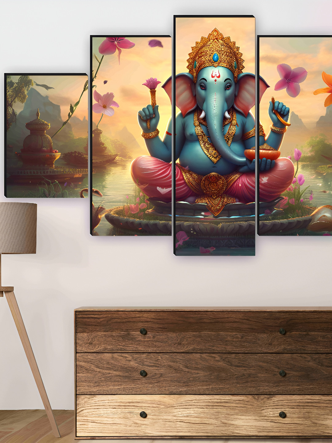 SAF Brown & Blue 5 Pieces Wooden Ganesha Wall Arts