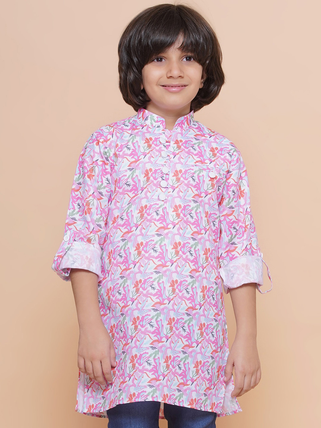 Aj DEZInES Boys Floral Printed Mandarin Collar Cotton Flared Kurta