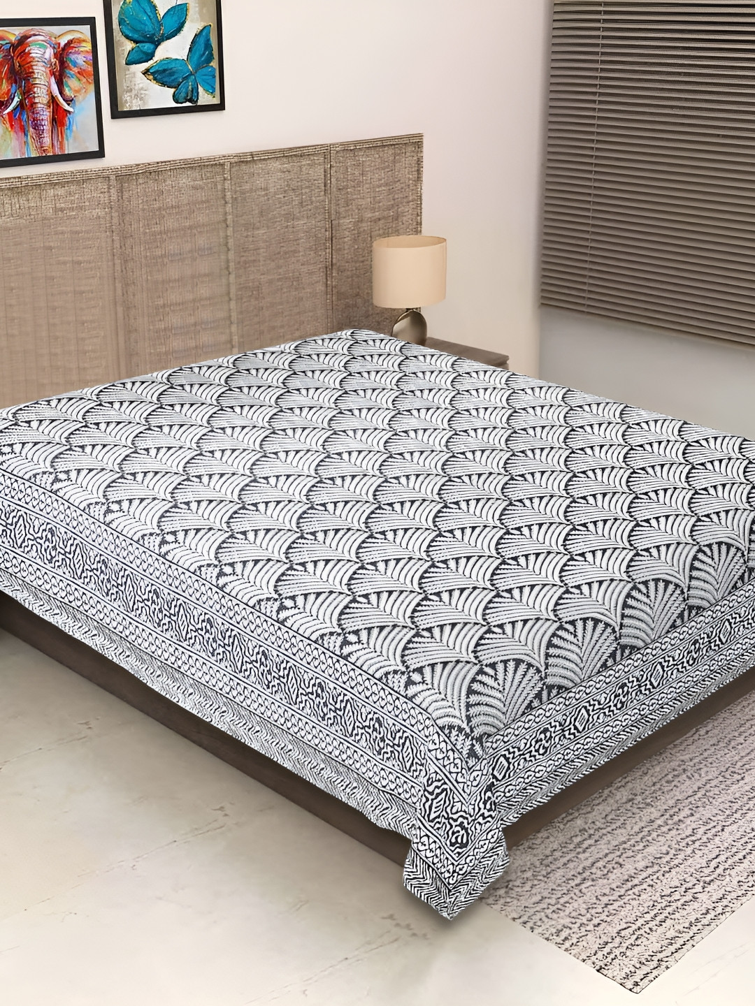 Texstylers Jaipuri Grey Ethnic Motifs Cotton 260 TC Double Bedsheet -60 x 90 inches