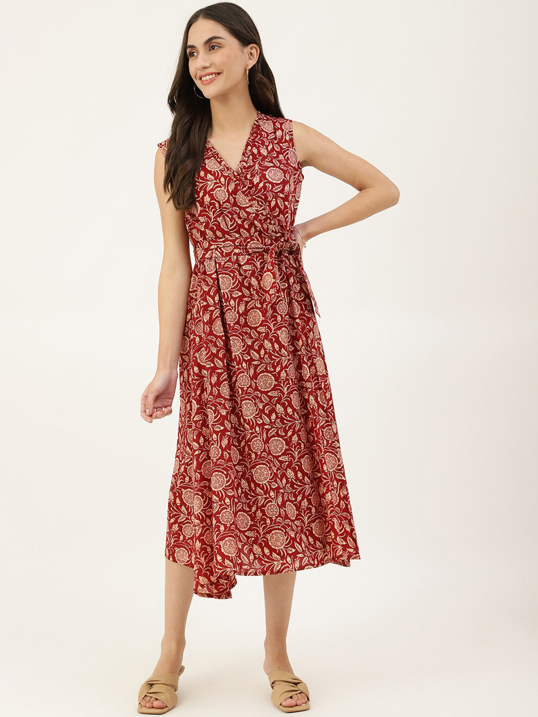 KALINI Floral Printed Sleeveless Wrap Cotton Midi Dress