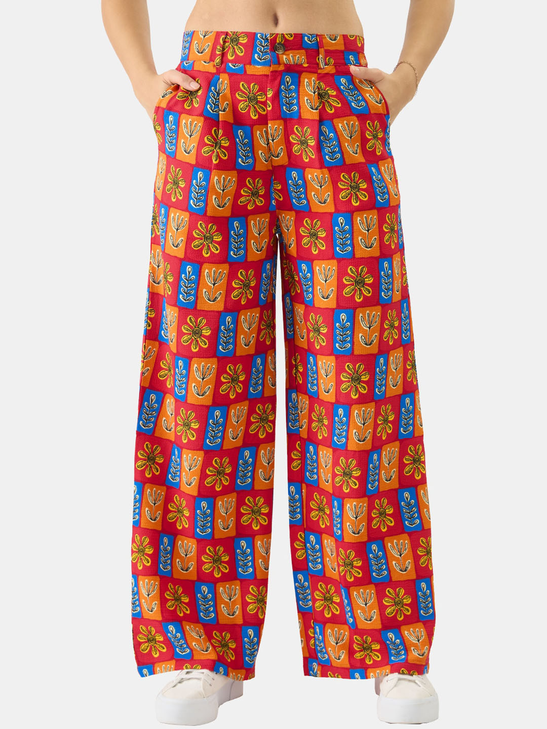The Souled Store Women Red Floral Printed Flared Parallel Trousers