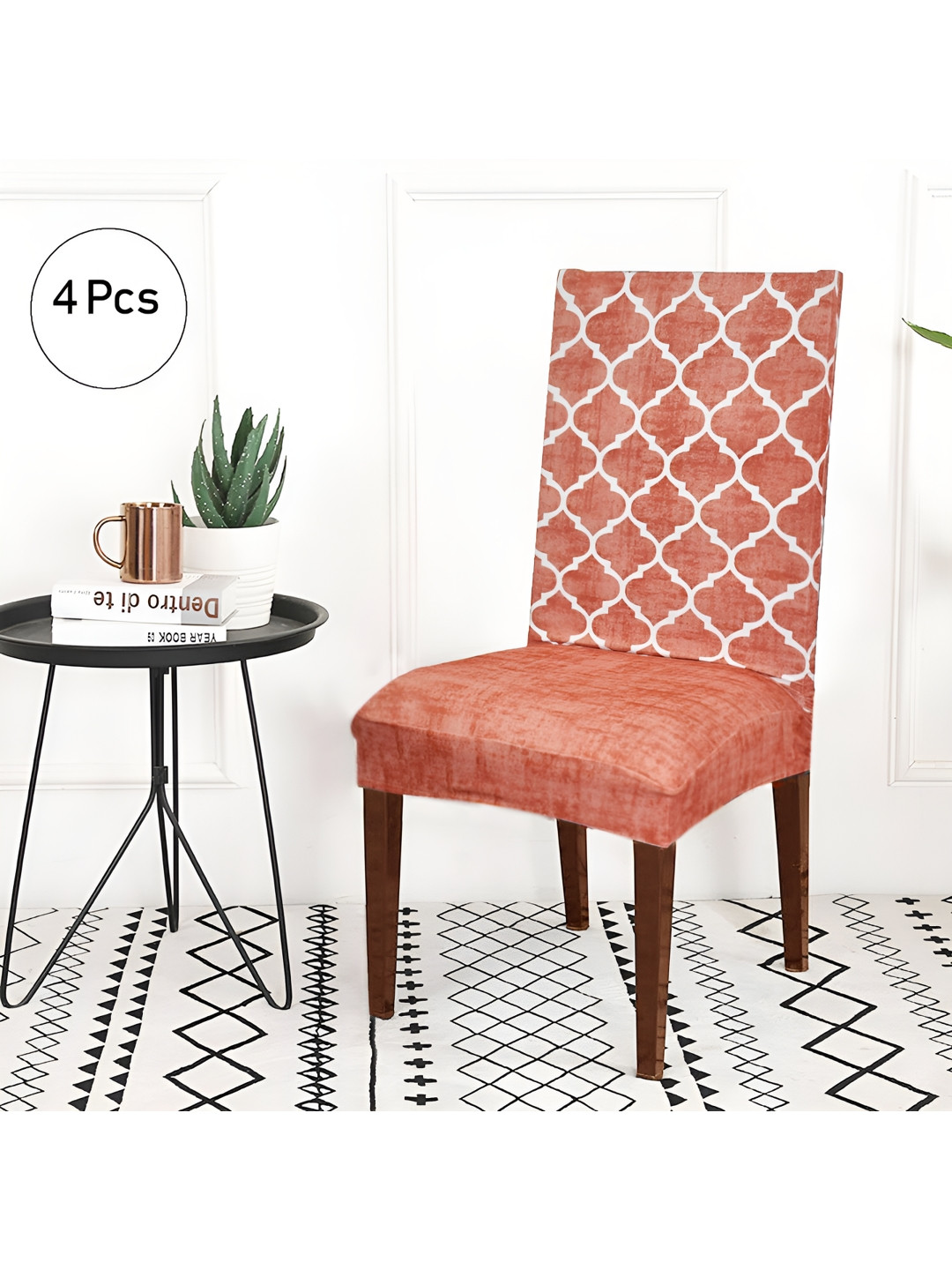ohello 4 Pieces Orange-Coloured Printed Elasticated Fitted Chair Covers