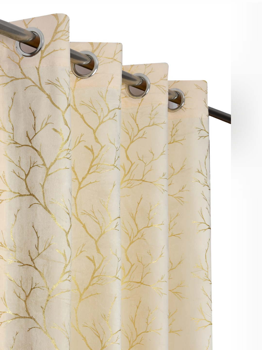RIDHAAN Cream-Coloured 2 Pieces Foil Print Velvet Room Darkening Eyelet Window Curtains