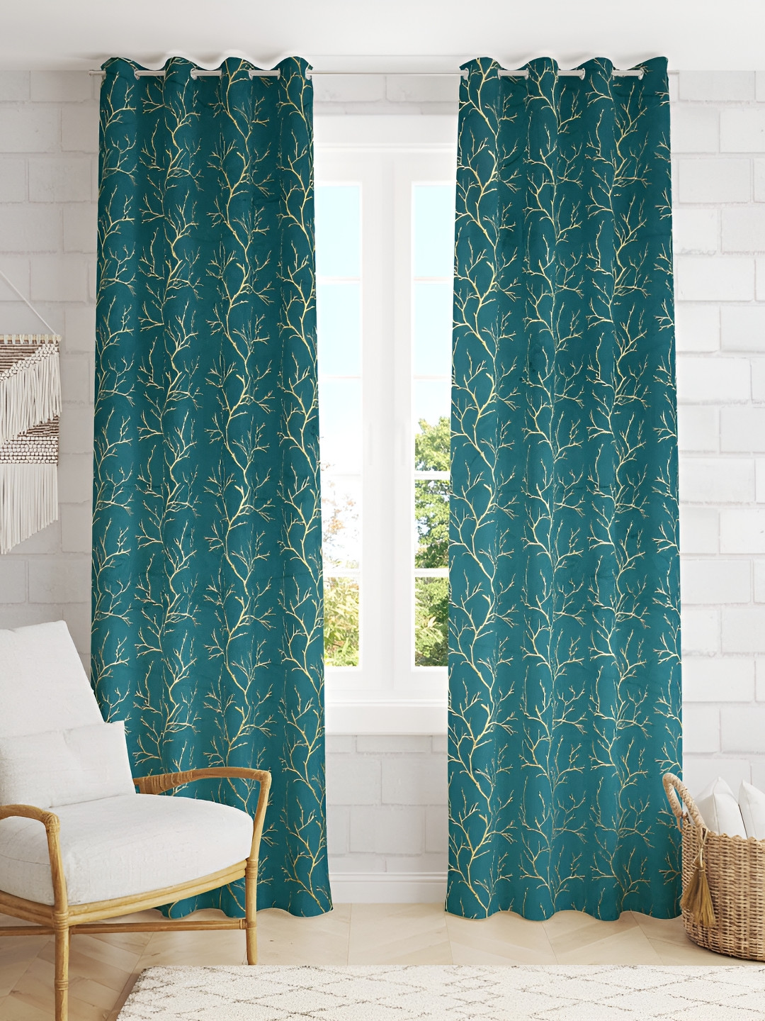 RIDHAAN Blue & Gold-Toned 2 Pieces Foil Print Velvet Room Darkening Eyelet Window Curtains