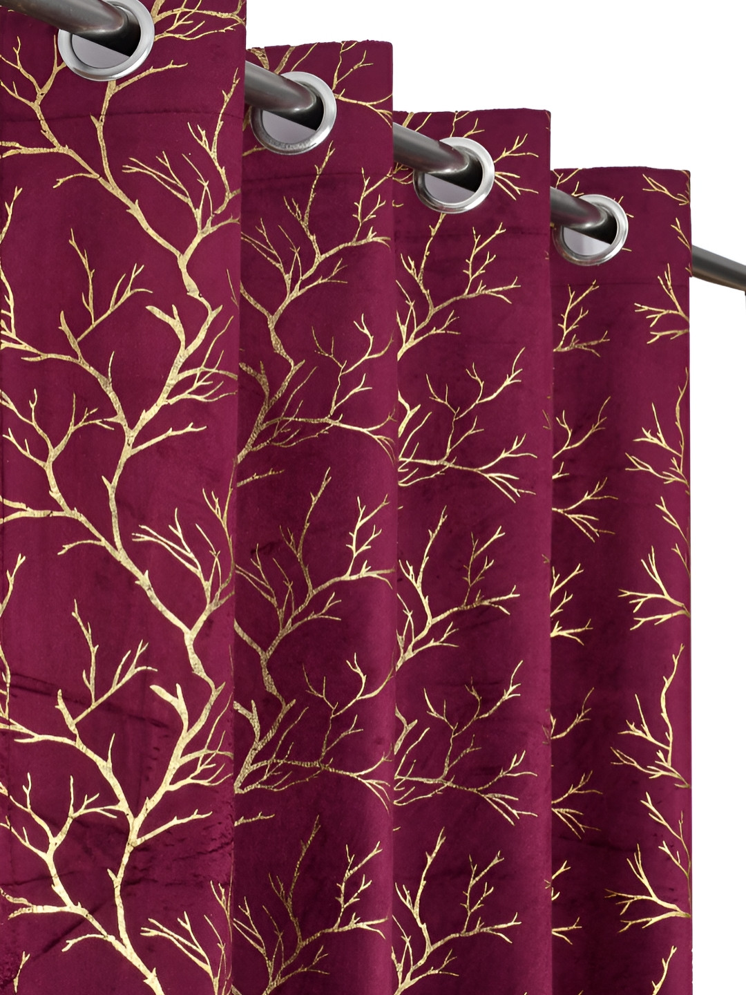 RIDHAAN Purple 2 Pieces Foil Print Velvet Room Darkening Eyelet Window Curtains