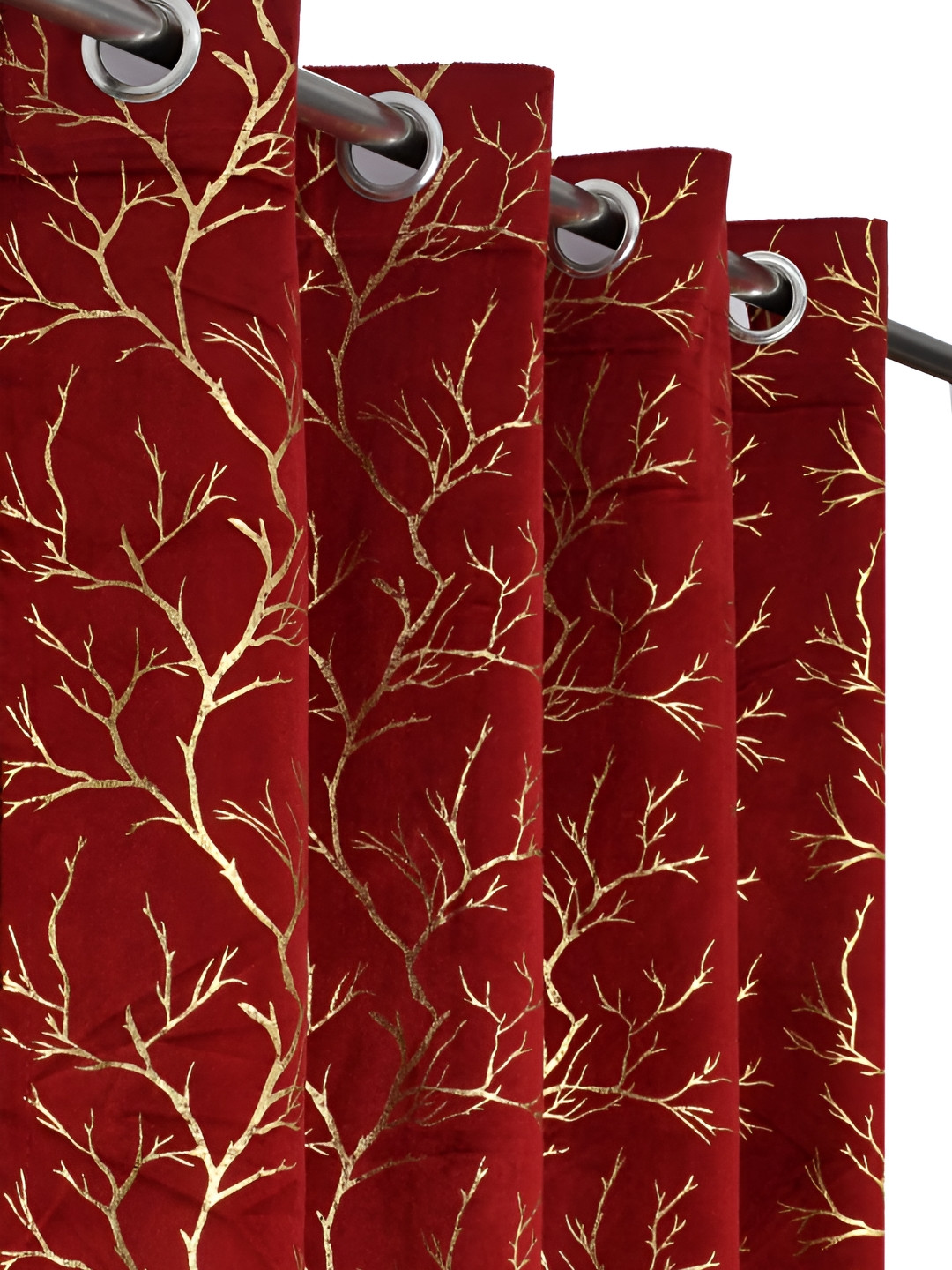 RIDHAAN Maroon 2 Pieces Foil Print Velvet Room Darkening Eyelet Window Curtains