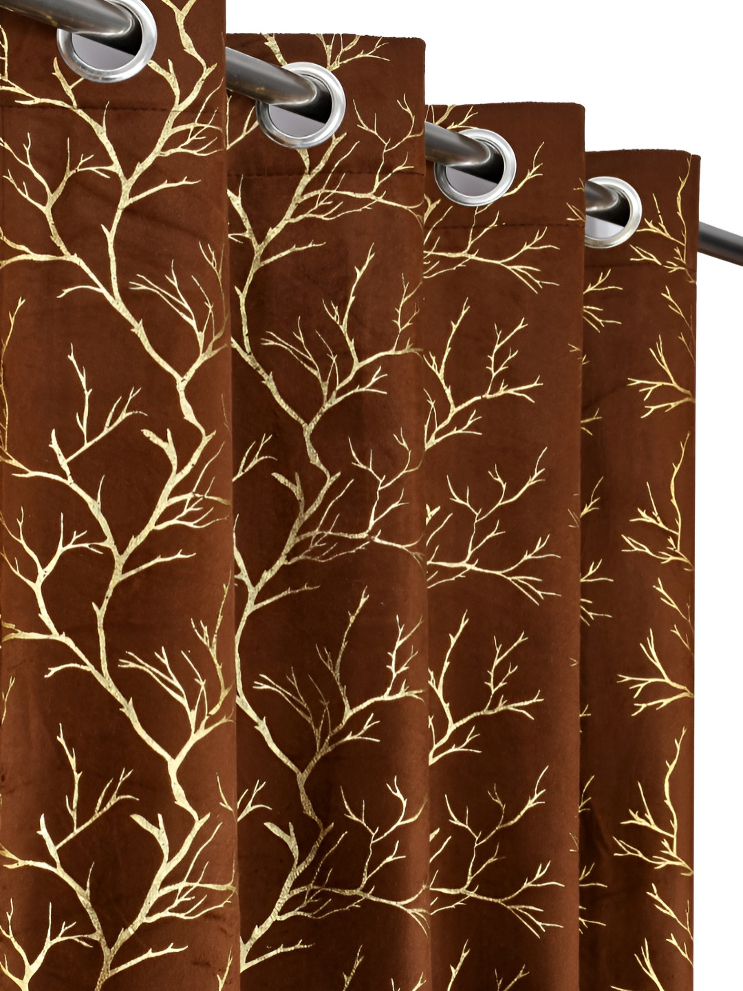 RIDHAAN Brown 2 Pieces Foil Print Velvet Room Darkening Eyelet Window Curtains