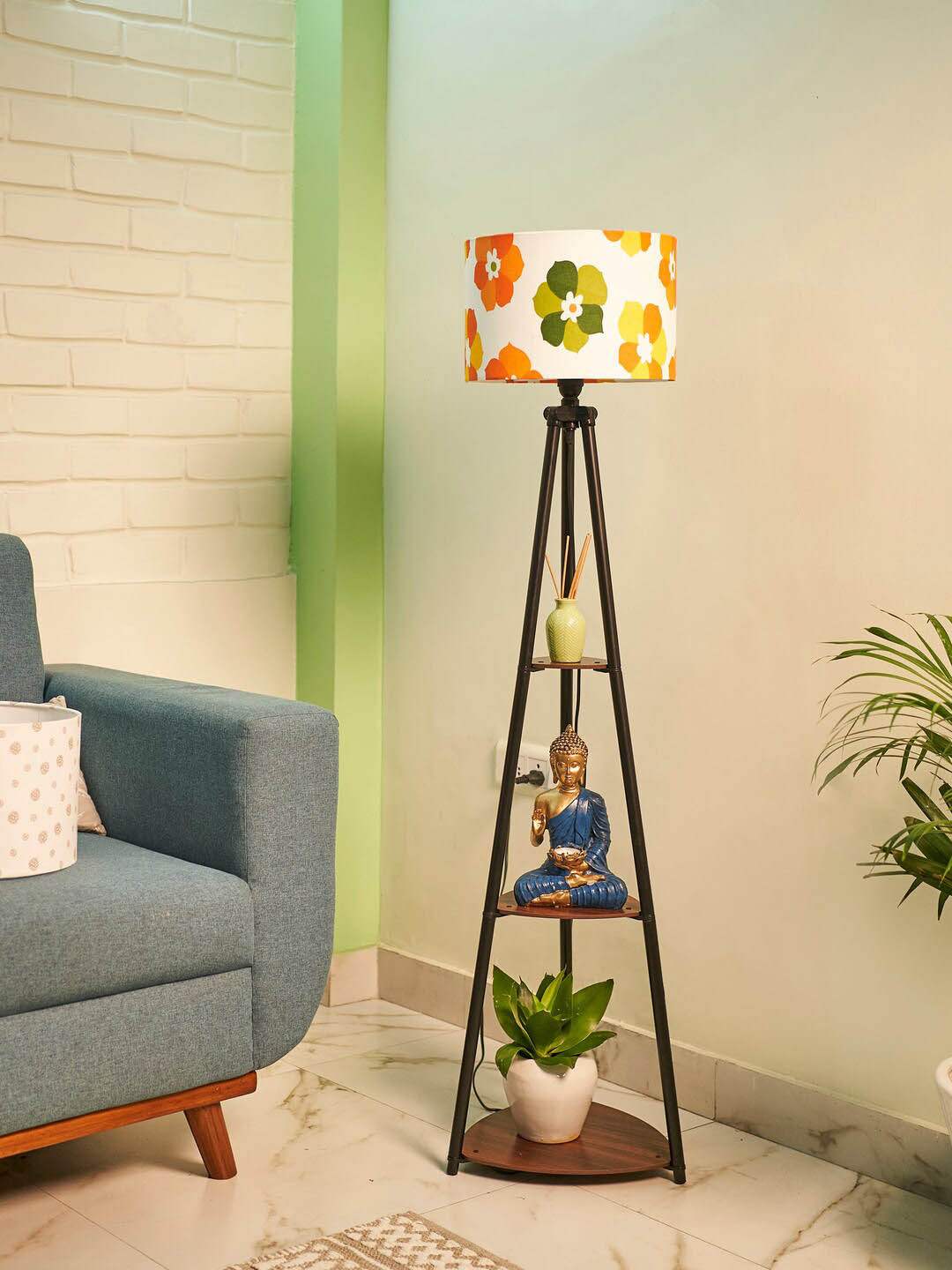 Crosscut White & Black Floral Printed Metal Cylinder Shaped Floor Lamp With Shelves