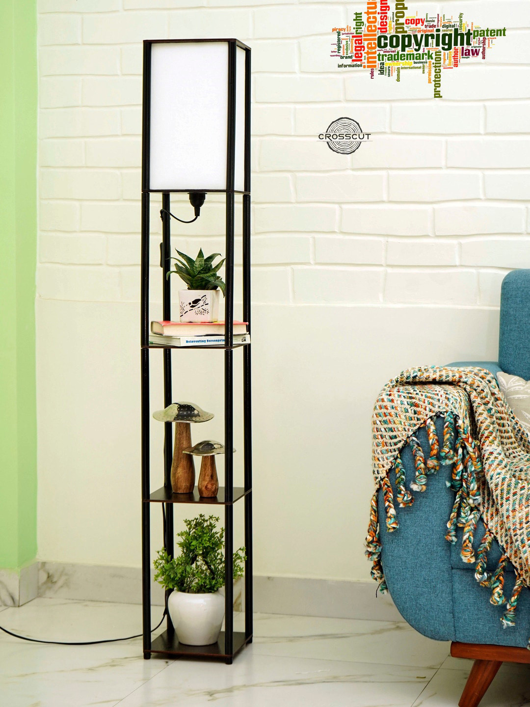 Crosscut White & Black Metal Tower Floor Lamp With Shelves