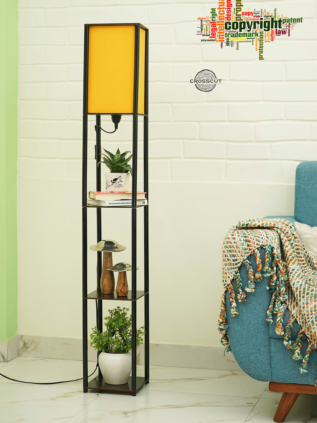 Crosscut Yellow & Black Metal Tower Floor Lamp With Shelves