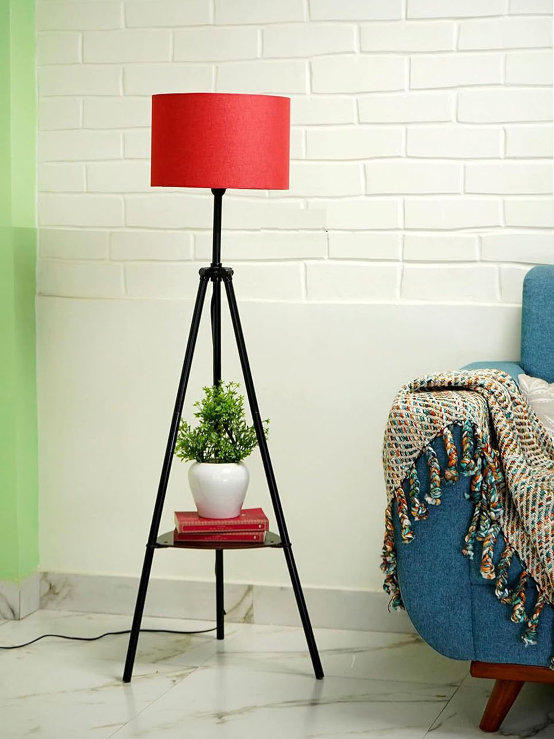 Crosscut Red & Black Metal Cylinder Shaped Floor Lamp With Shelves