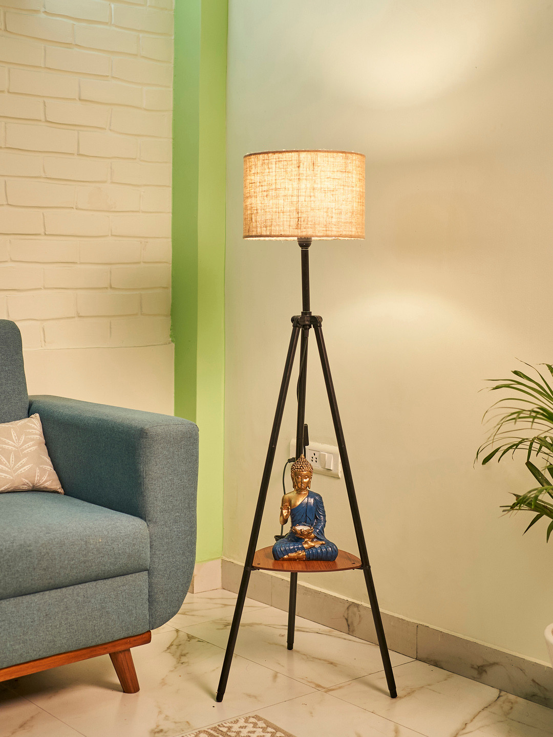 Crosscut Beige & Black Metal Cylinder Shaped Floor Lamp With Shelves