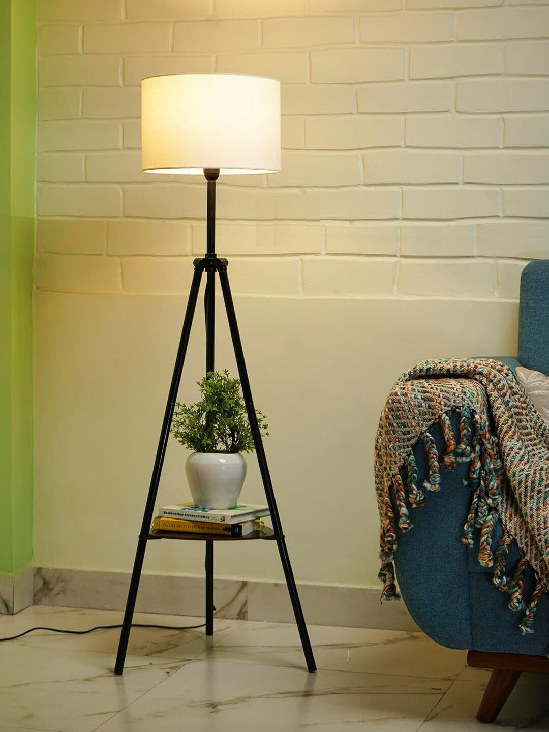 Crosscut White & Black Metal Cylinder Shaped Floor Lamp With Shelves