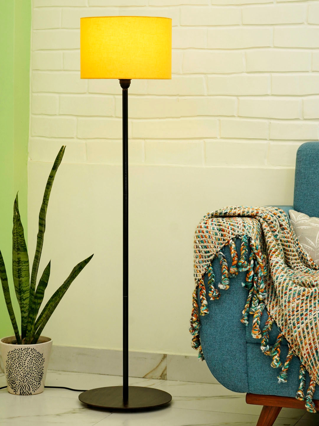 Crosscut Minimalist Yellow & Black Metal Cylinder Shaped Floor Lamp With