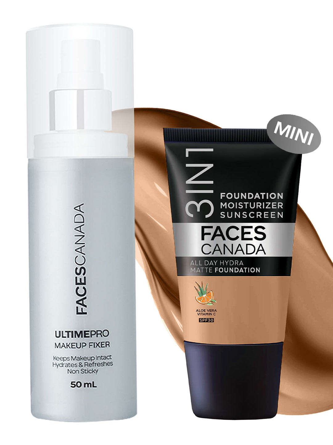 FACES CANADA Waterproof Fix & Finish Kit - Makeup Fixer 50ml + Warm Sand Foundation - 18ml