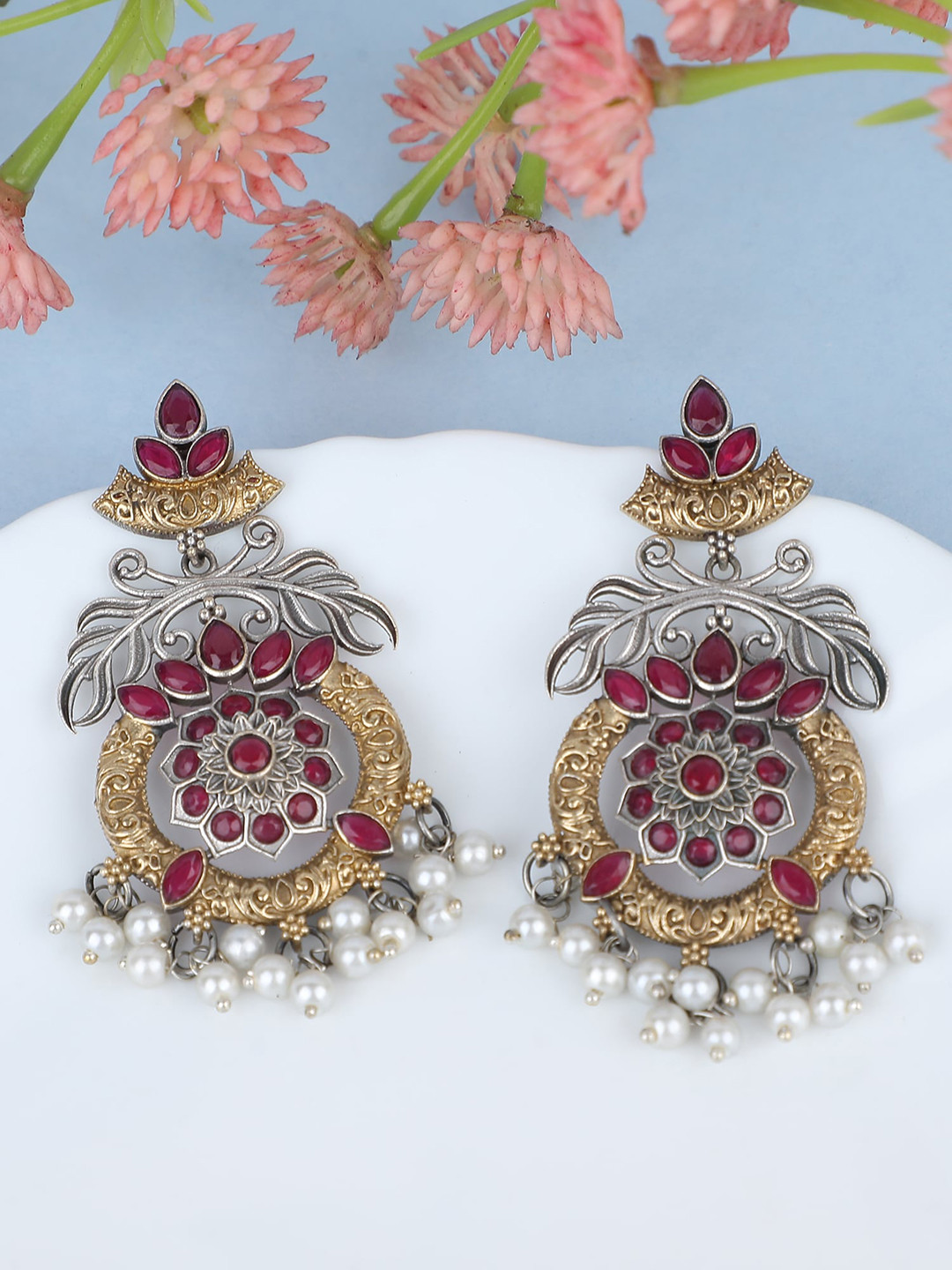 Anouk Red German Silver-Plated Beaded & Stone Studded Oxidised Classic Drop Earrings