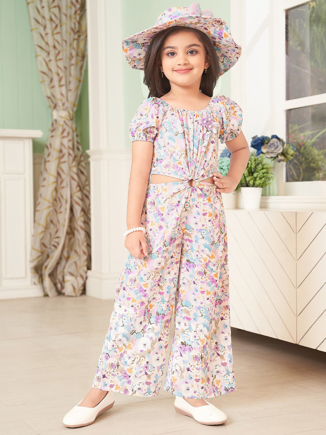 BAESD Girls Conversational Printed Puff Sleeves Cut Out Basic Jumpsuit