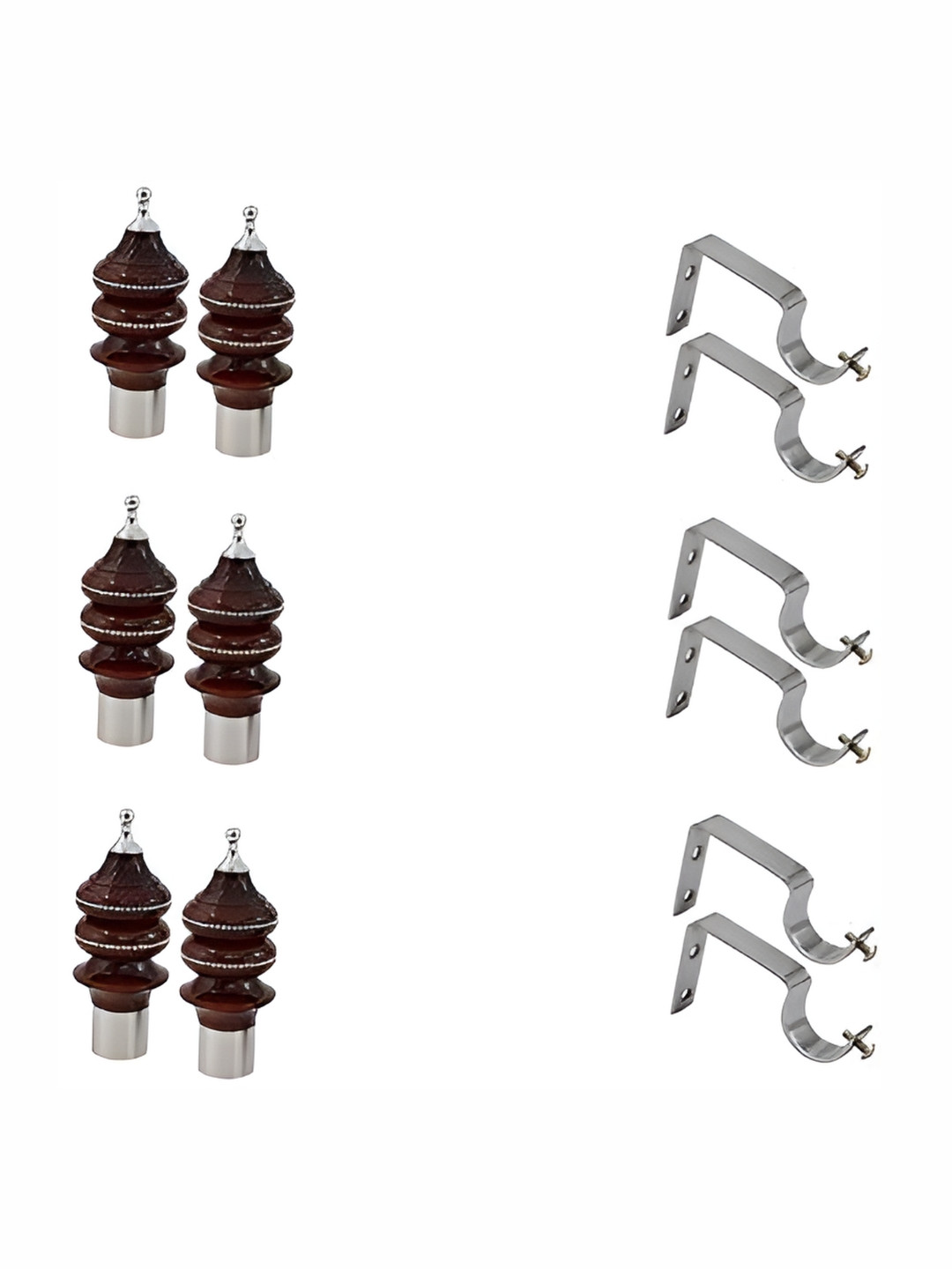 Rab Brown & Silver Toned 6 Pieces Rod Rail Bracket & Curtain Knobs