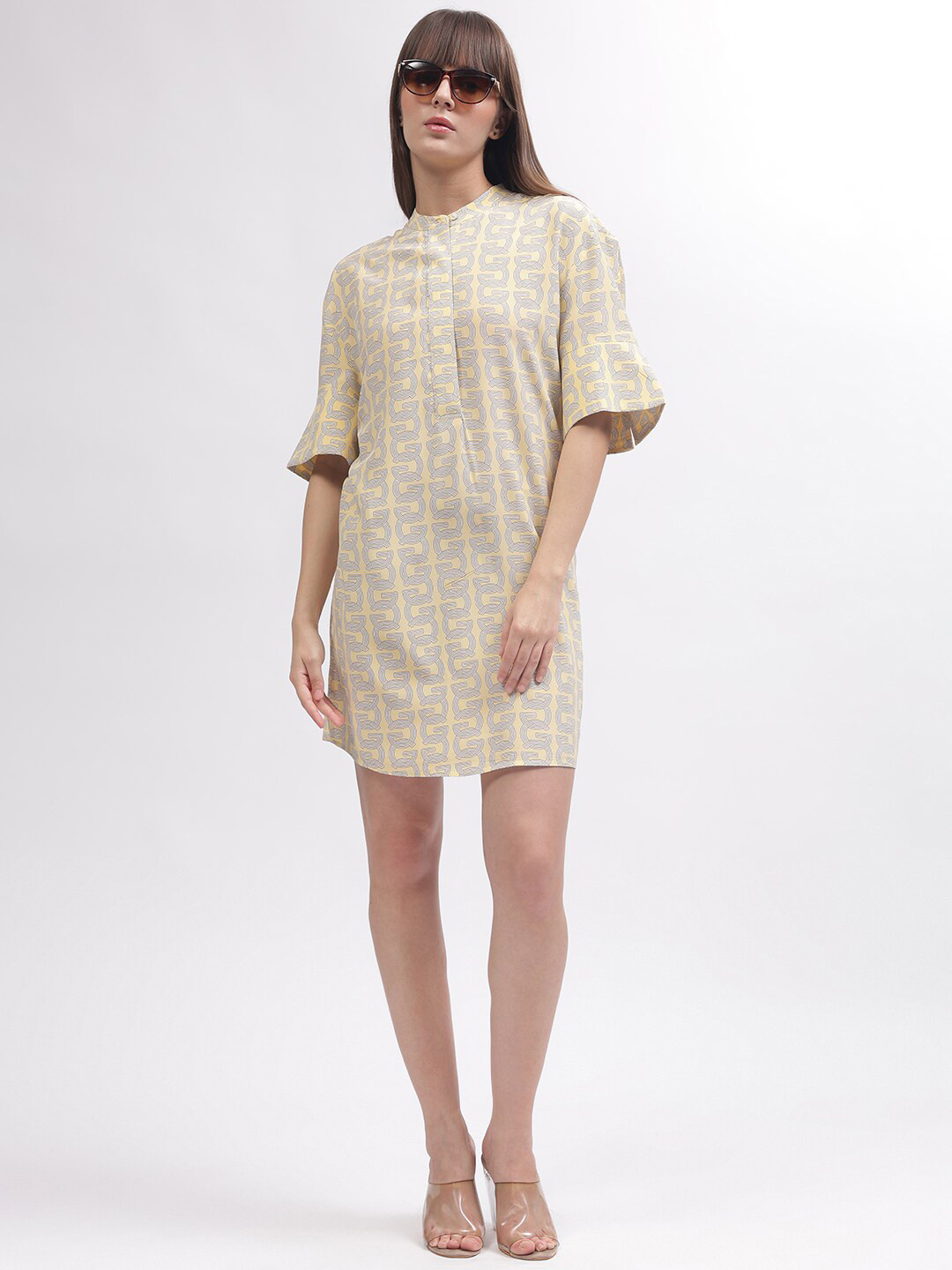 GANT Abstract Print Band Collar Bell Sleeves A-Line Dress