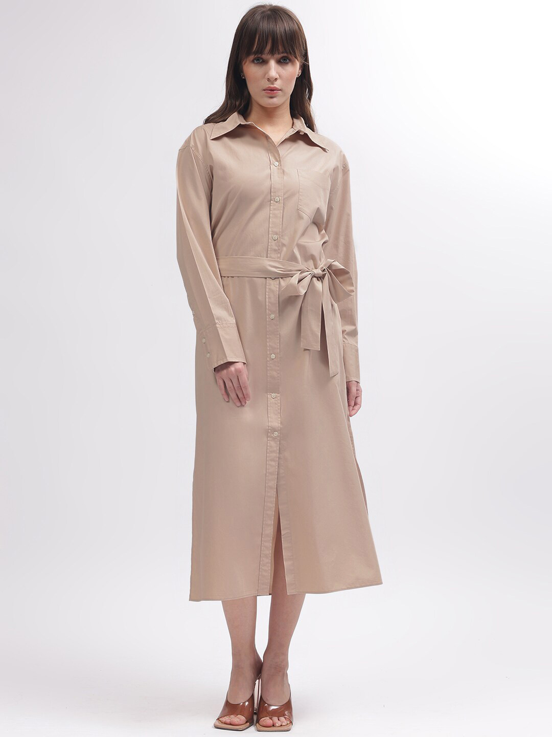 GANT Solid Shirt Collar Cuffed Sleeves Belted Pure Cotton Shirt Midi Dress