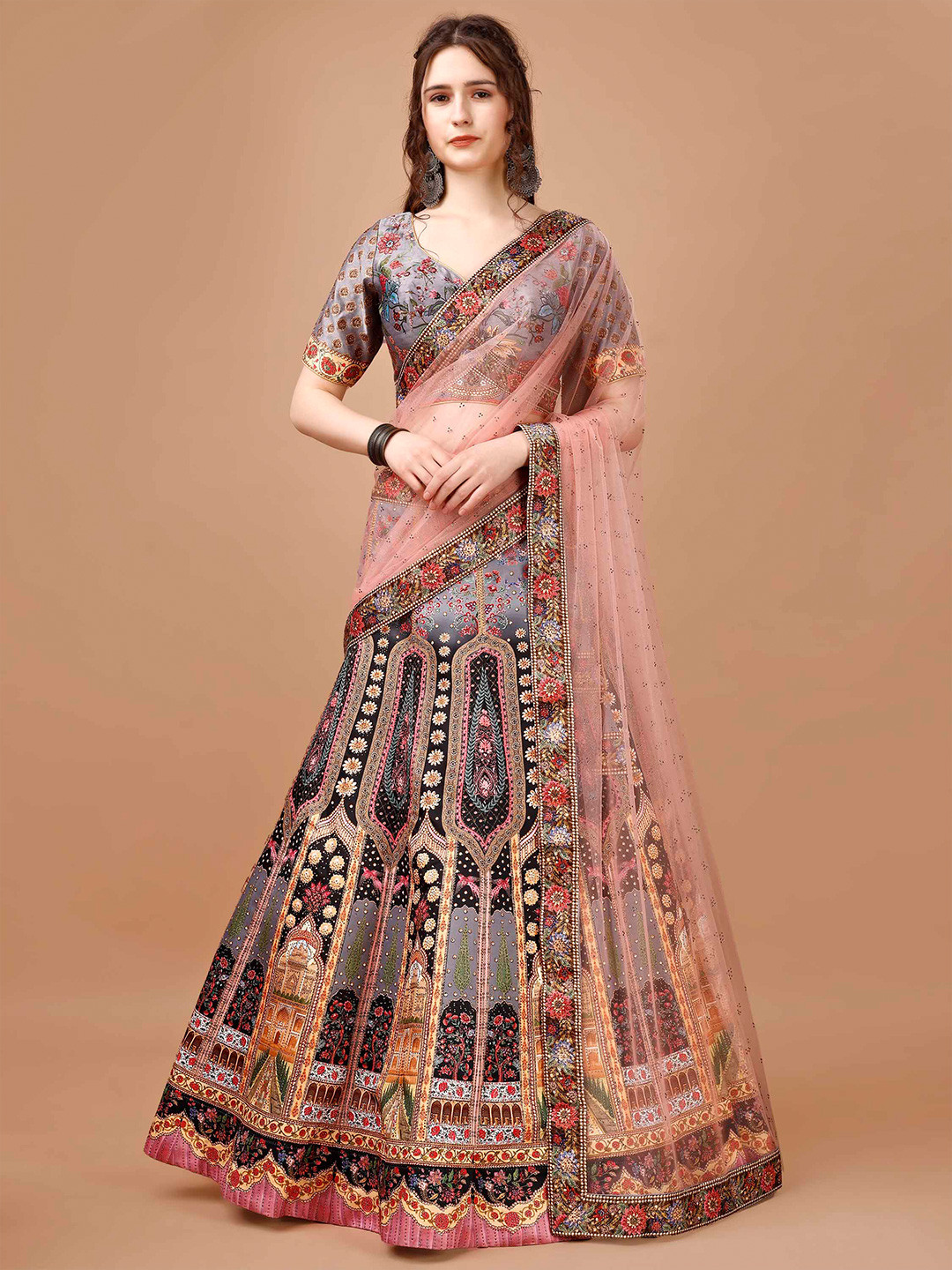 SAPTRANGI Printed Beads & Stones Detailed Ready to Wear Lehenga & Blouse With Dupatta