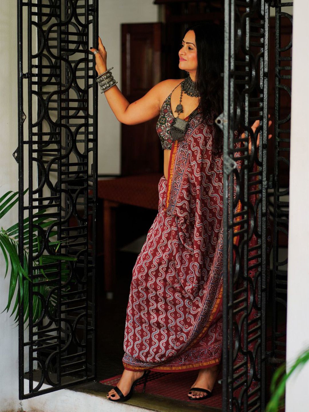 ADITRI Handloom Handblock Printed Ajrakh Chanderi Silk Saree