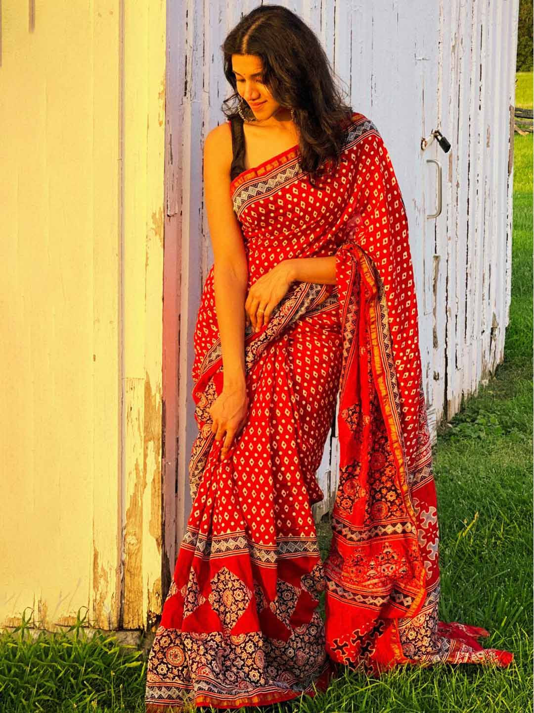 ADITRI Handloom Handblock Printed Ajrakh Chanderi Silk Saree