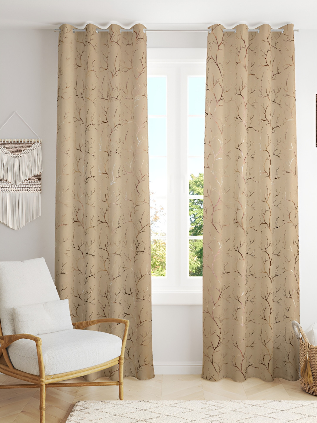 Kraftiq Homes Gold-Toned & Cream Geometric Black Out Window Curtain