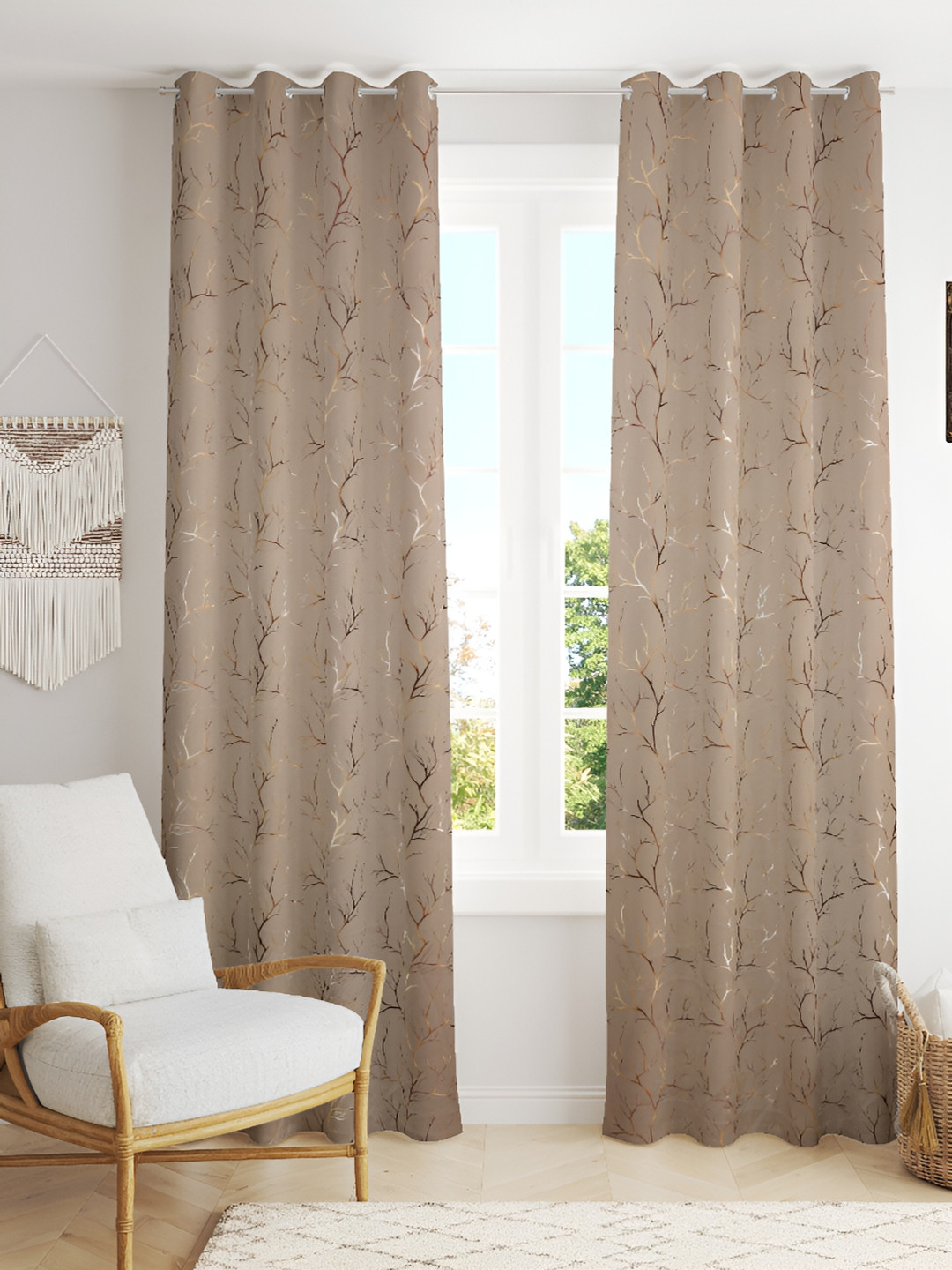Kraftiq Homes Brown & Gold Tonned 2 Pieces Floral Black Out Window Curtains