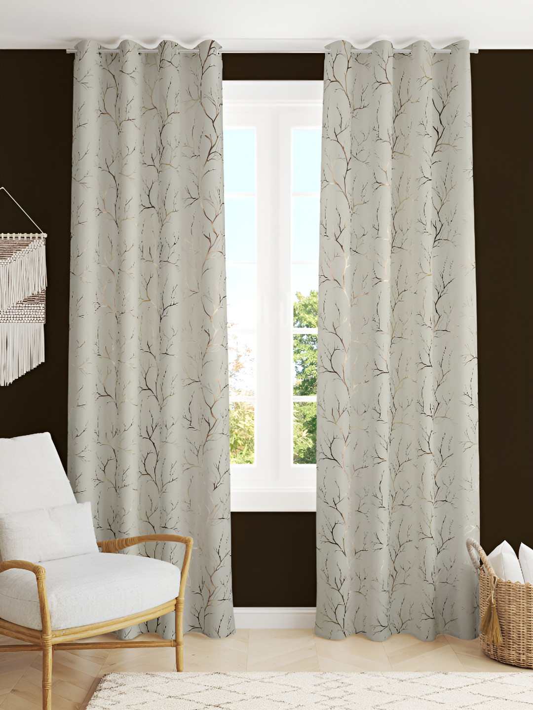 Kraftiq Homes Cream & Gold toned 2 Pcs Geometric Black Out Door Curtain