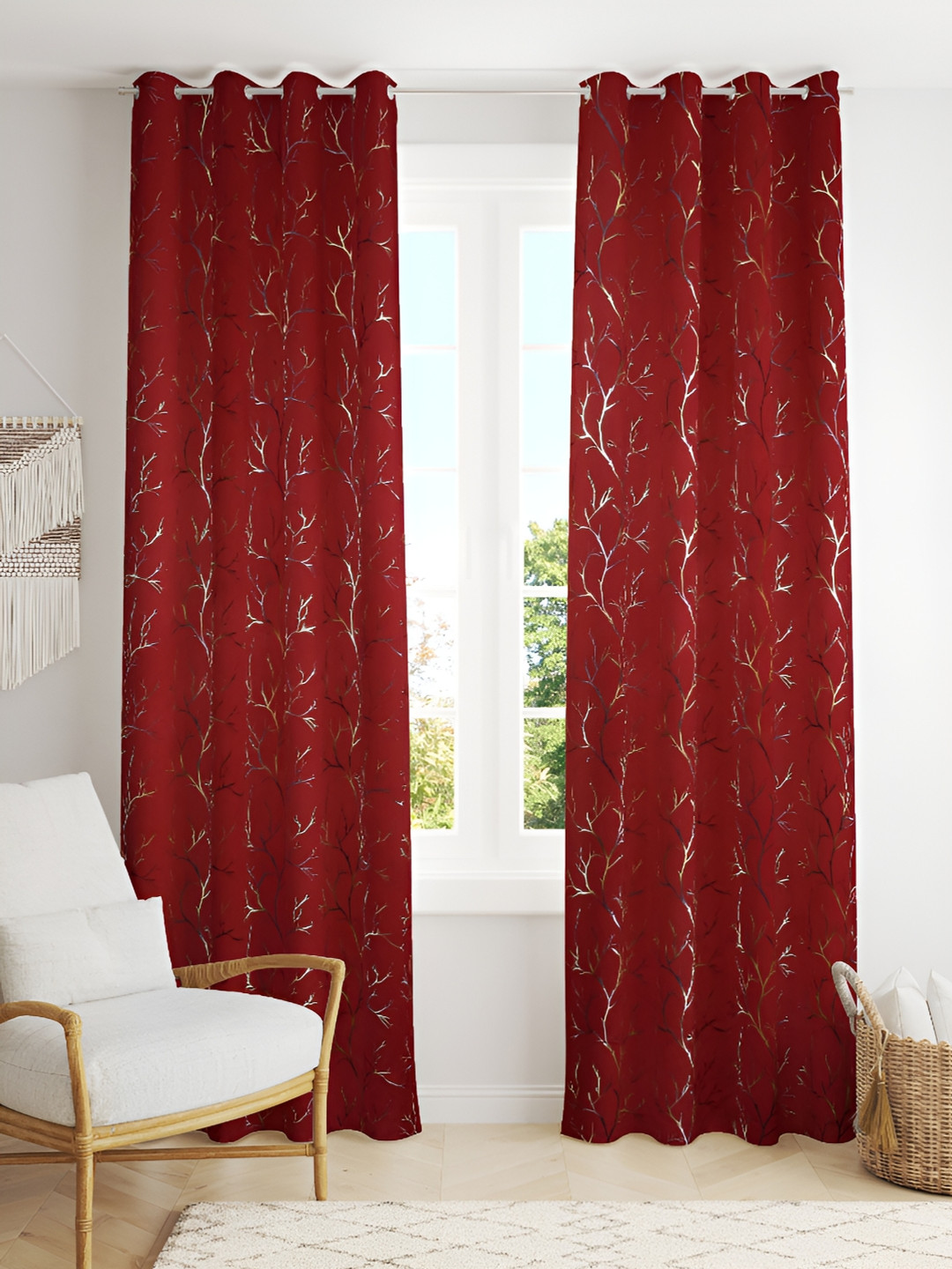 Kraftiq Homes Maroon & Gold Toned 2 Pieces Foil Printed Black Out Door Curtains