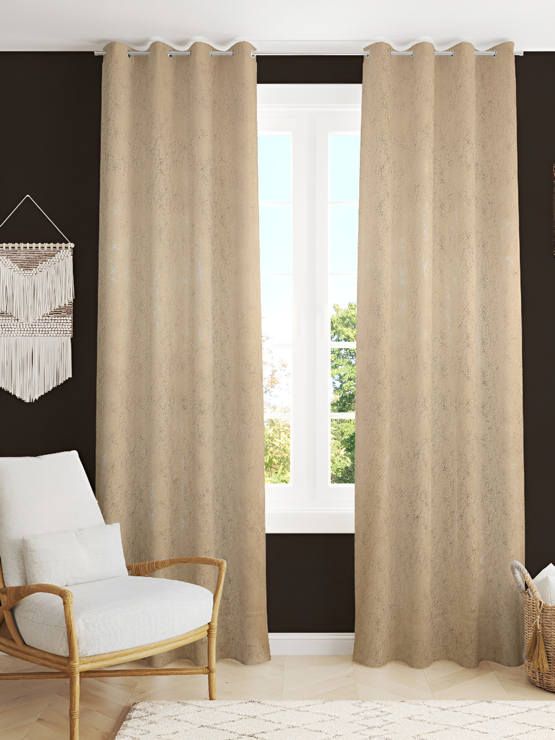 Kraftiq Homes Gold-Toned 2 Pieces Abstract Foil Printed Black Out Long Door Curtains