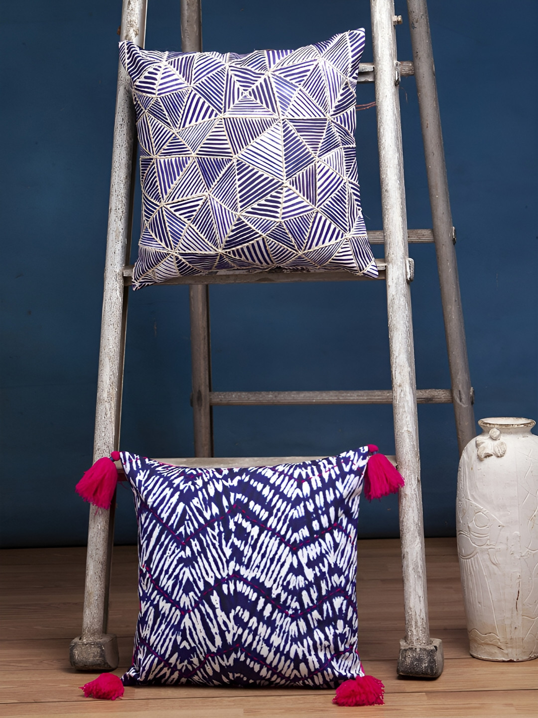 NISRAG HOME Indigo Abstract Polyester 2 Pcs Embroidered Cushion Covers - 16 x 16 In