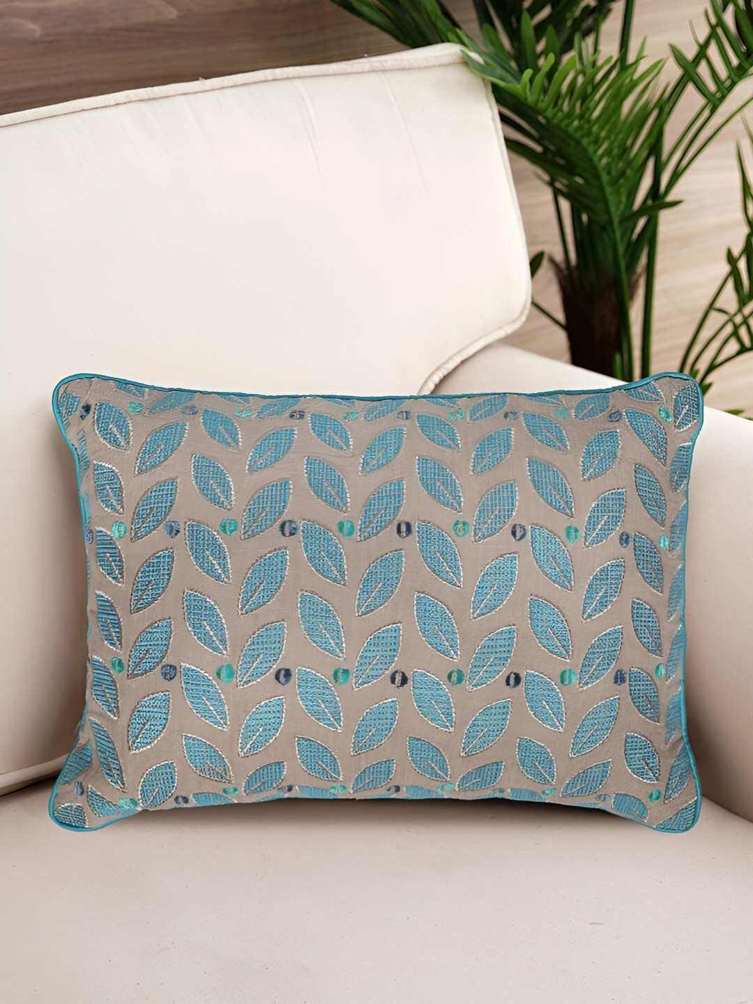 NISRAG HOME Floral Blue Leaf Cotton Lightweight Embroidered Cushion Cover - 18 x 12 Inches