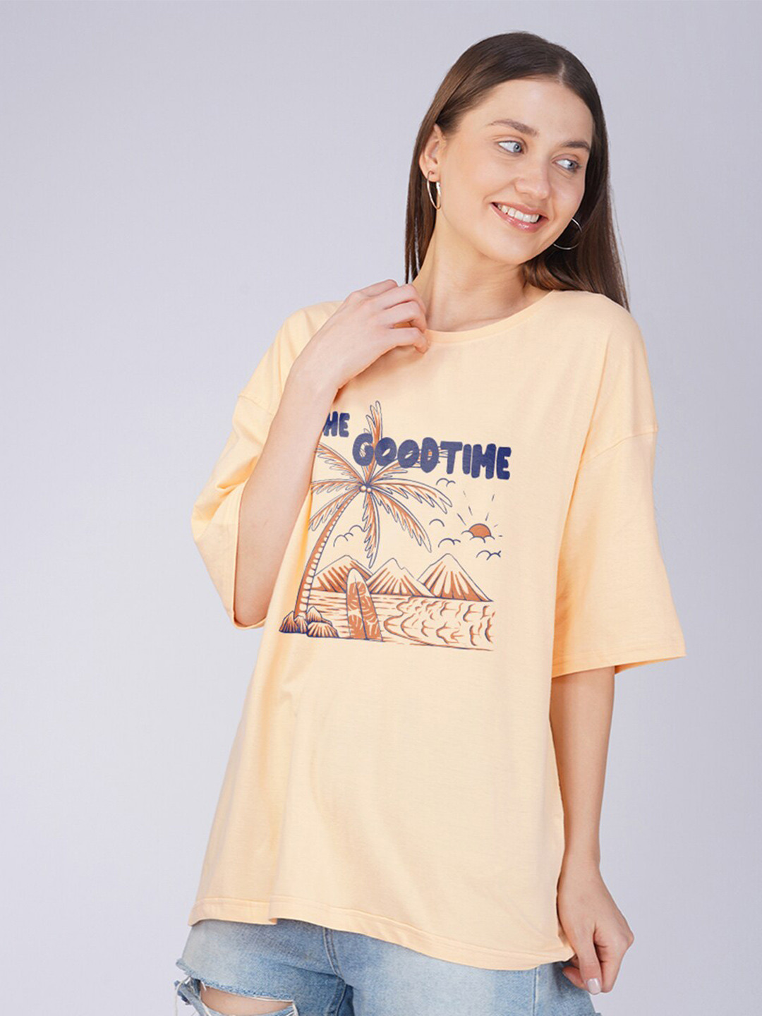 Crazymonk The Good Time Printed Drop-Shoulder Sleeves Oversized Cotton T-shirt