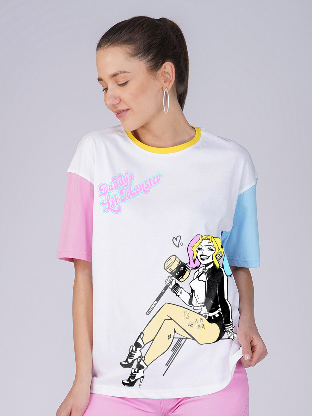 Crazymonk Harley Queen Printed Drop-Shoulder Sleeves Oversized Cotton T-shirt