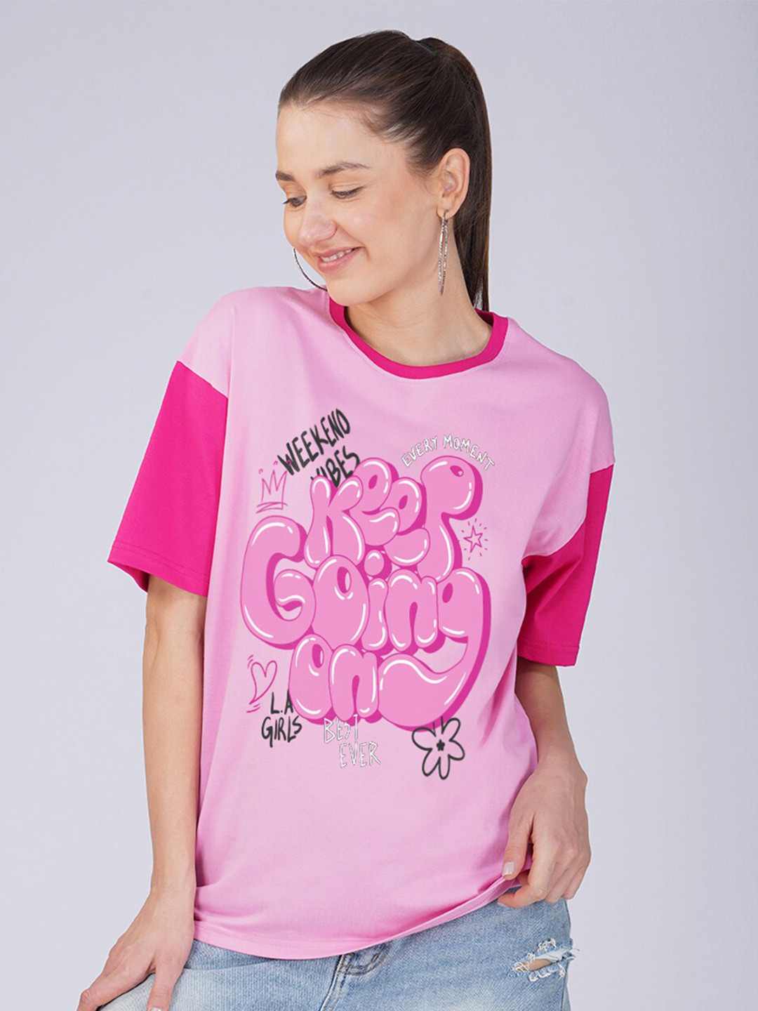 Crazymonk Keep Going On Typography Printed Drop-Shoulder Sleeves Oversized Cotton T-shirt