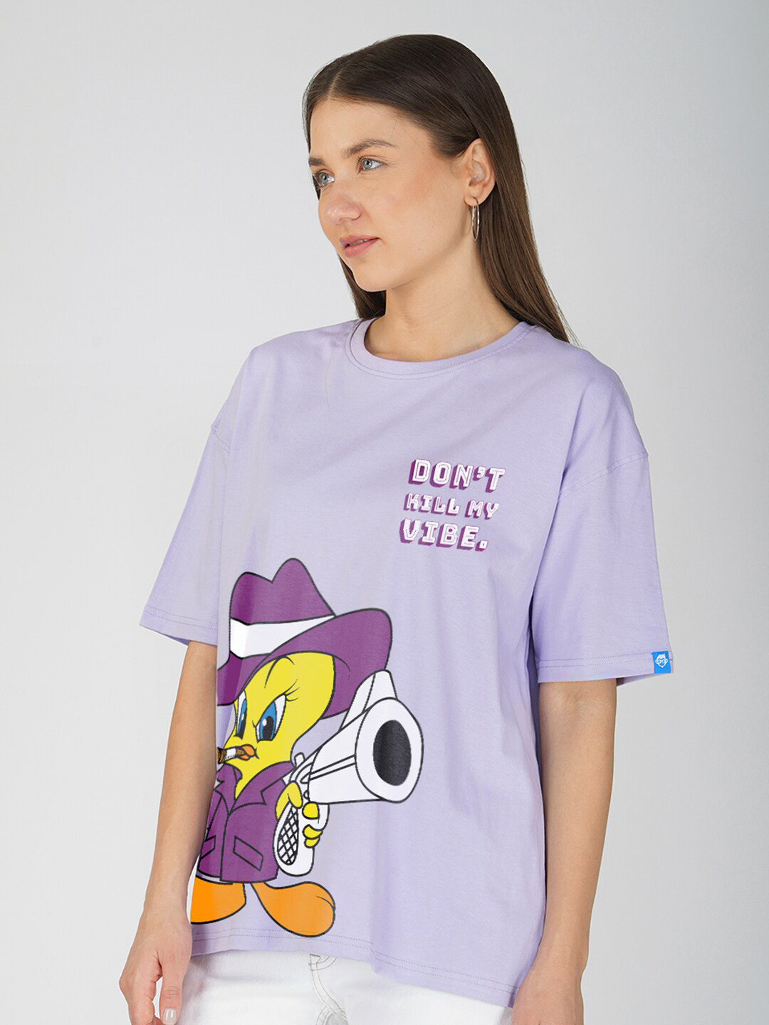 Crazymonk Don't Kill My Vibe Tweety Printed Drop-Shoulder Sleeves Oversized Cotton T-shirt