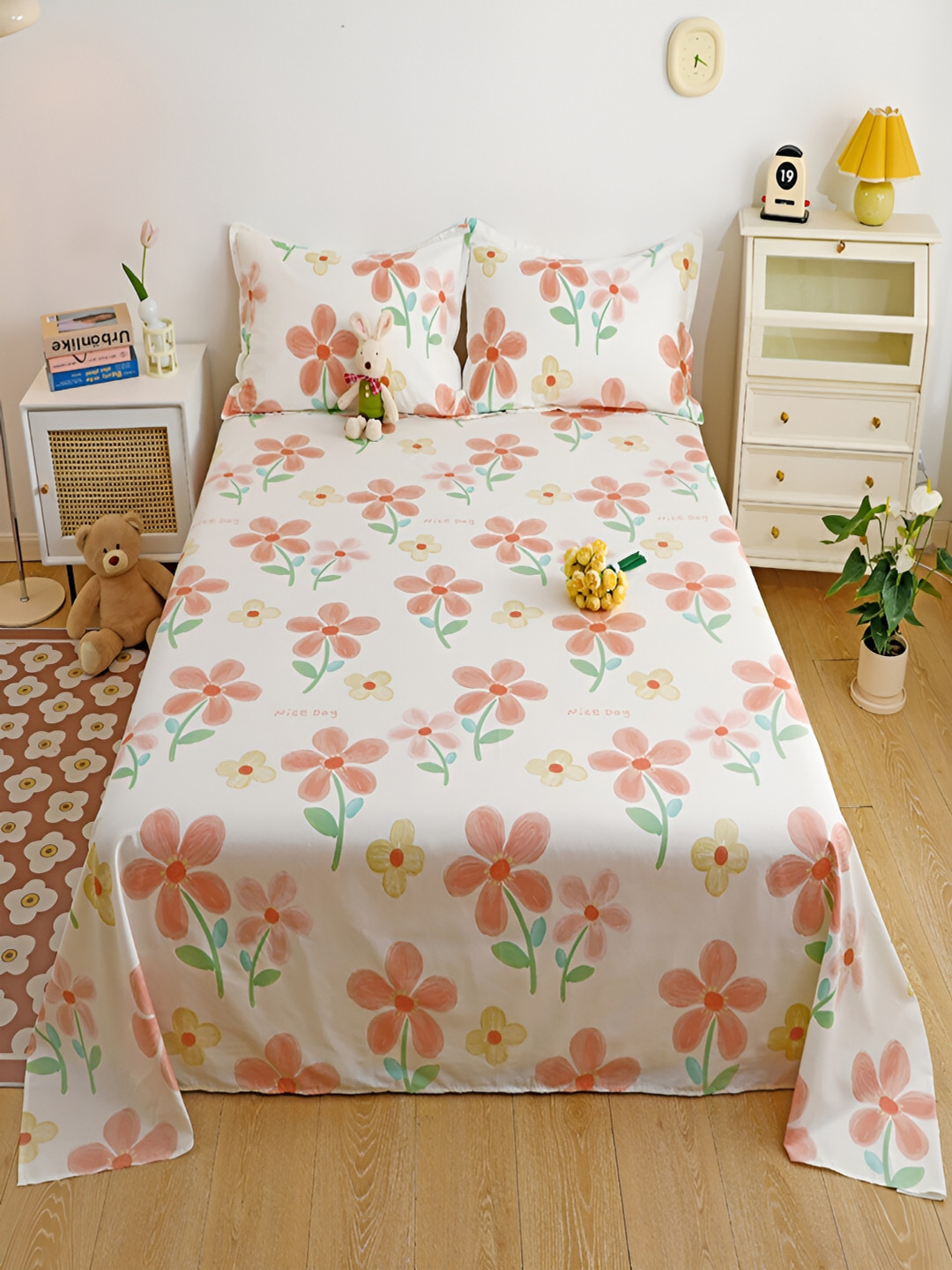 JC HOME White Floral Cotton 230 TC King Fine Bedsheet with 2 Pillow Covers-250 x 230 cm