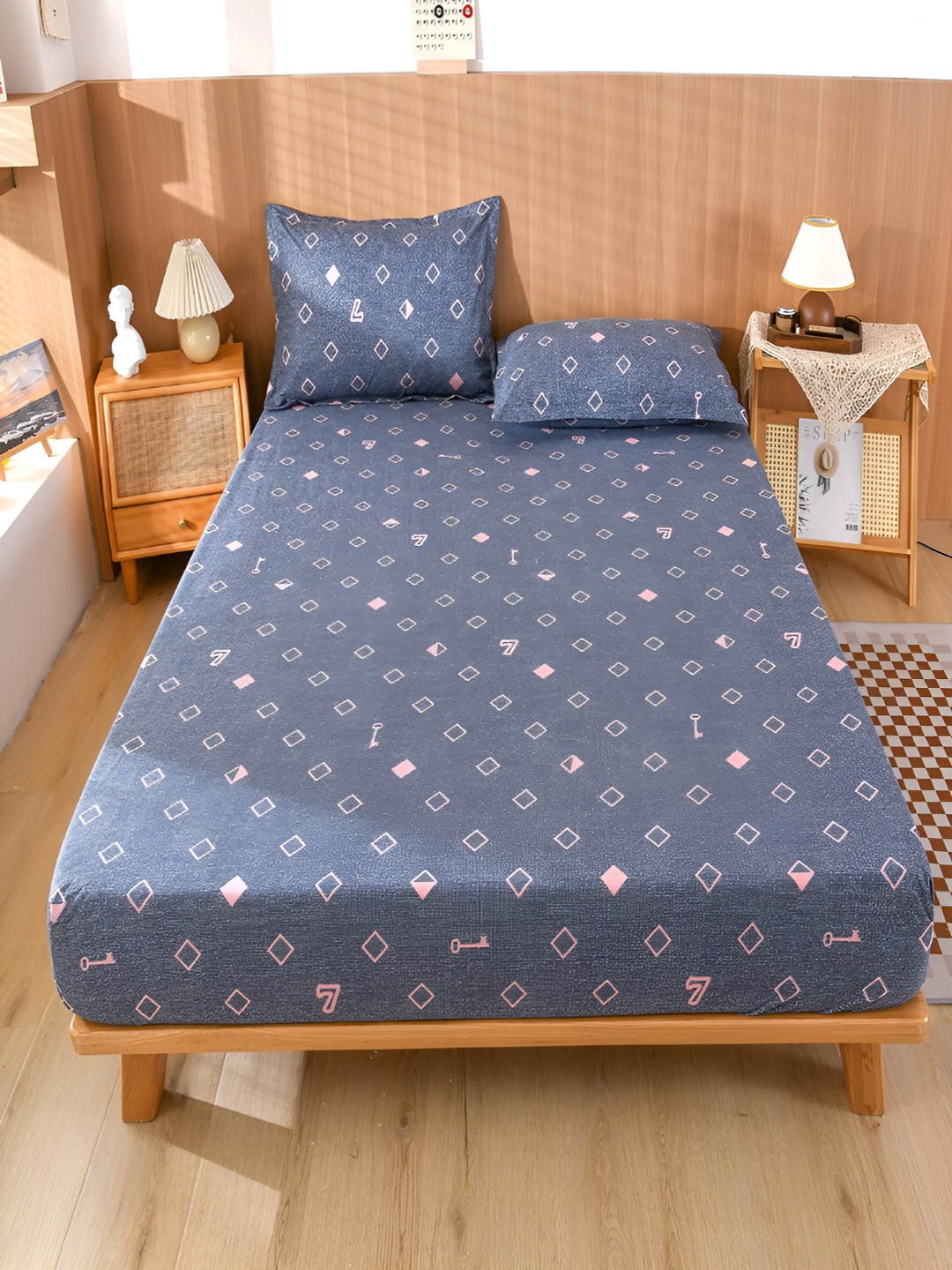 JC HOME Blue Geometric Polycotton 150 TC Fitted Single Coarse Bedsheet with 2 Pillow Covers-220 x 200 cm