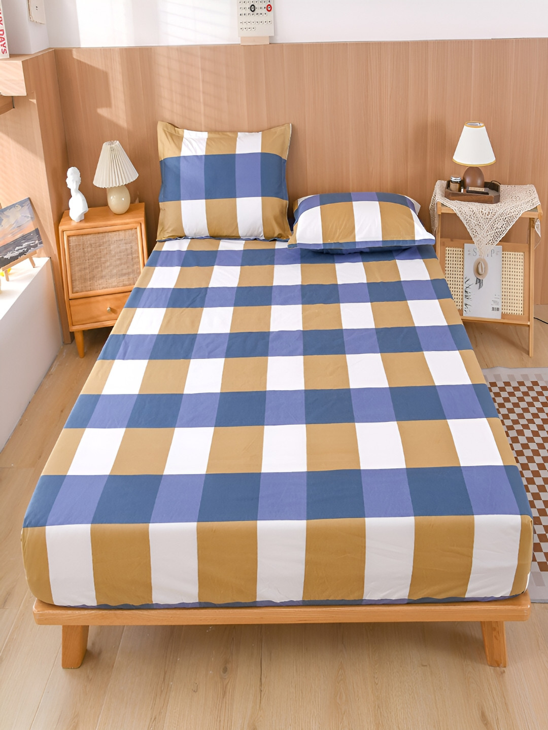 JC HOME Blue Checked Polycotton 150 TC Fitted Double Coarse Bedsheet with 2 Pillow Covers-79 x 59 inches