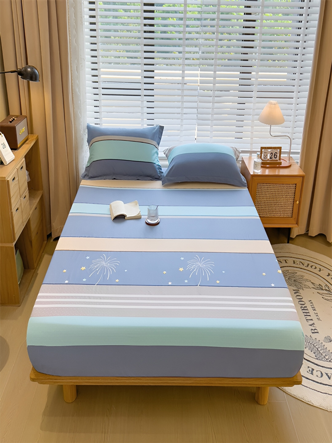 JC HOME Butterfly Blue Striped Cotton 230 TC Fitted Single Fine Bedsheet with a Pillow Cover-47 x 79 inches