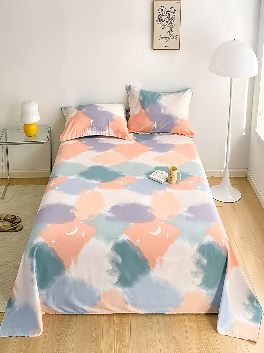 JC HOME White Abstract Pure Cotton 230 TC Single Fine Bedsheet with a Pillow Cover-230 x 160 cm