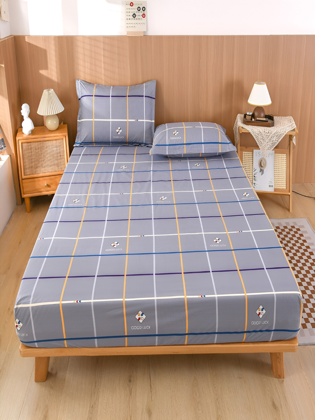 JC HOME Grey Geometric Polycotton 150 TC Fitted Queen Bedsheet with 2 Pillow Covers-59 x 79 inches
