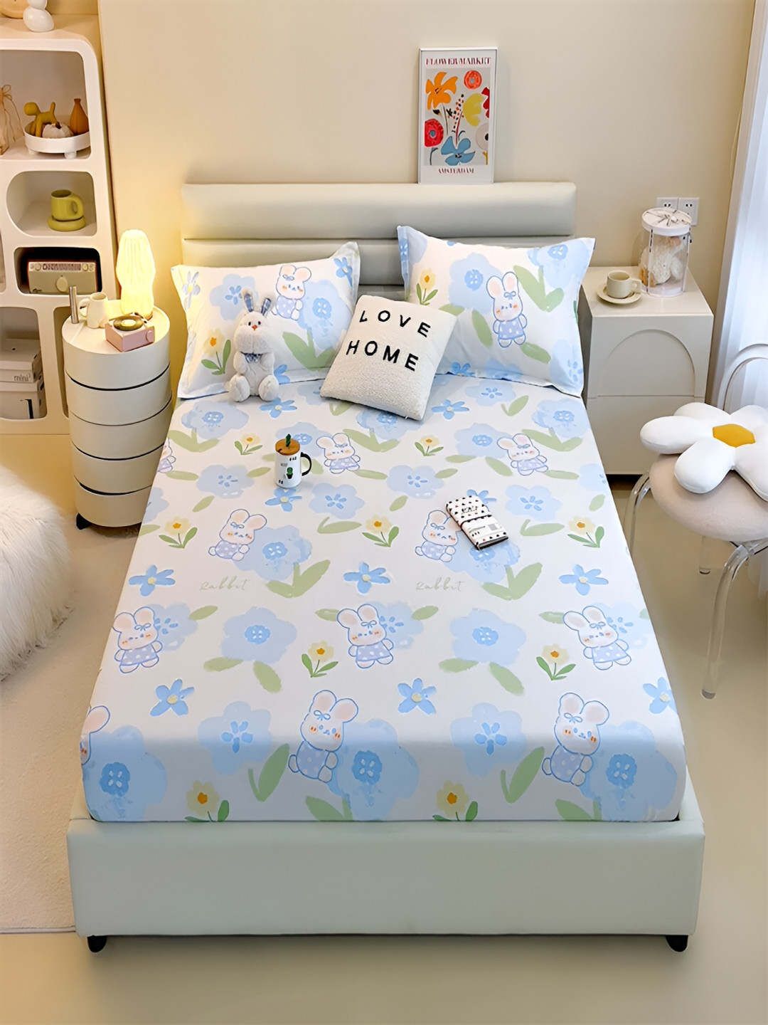 JC HOME Rose Blue Floral Cotton 230 TC Fitted King Fine Bedsheet with 2 Pillow Covers-71 x 79 inches