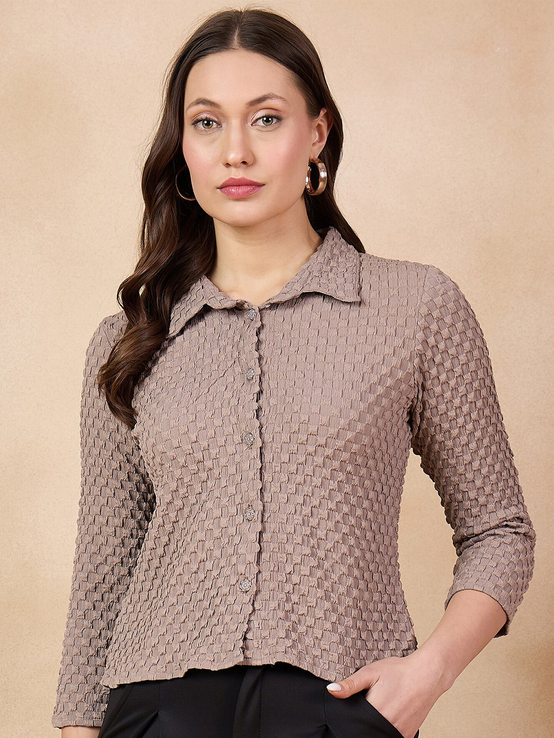 all about you Camel Brown Self Design Shirt Style Top