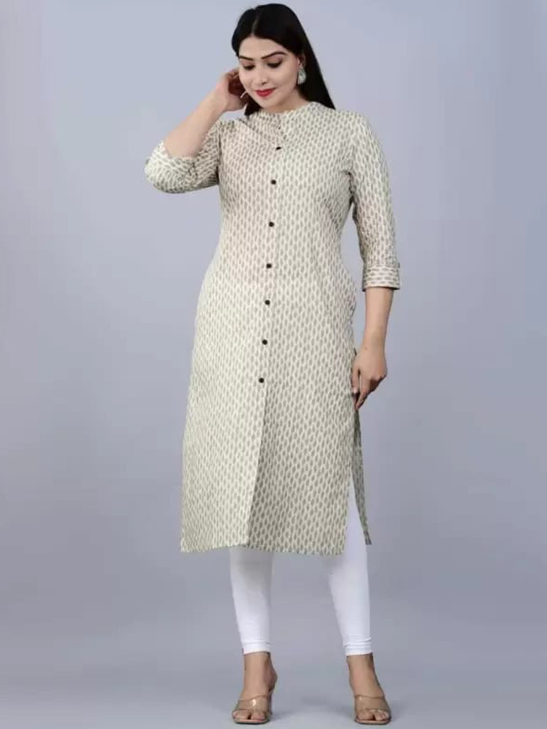 PARIKSHIT Geometric Printed Mandarin Collar Roll Up Sleeves Straight Kurta