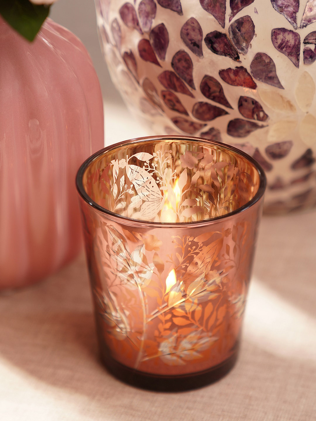 Pure Home and Living Pink & Gold-Toned 2Pcs Floral Glass Candle Holders