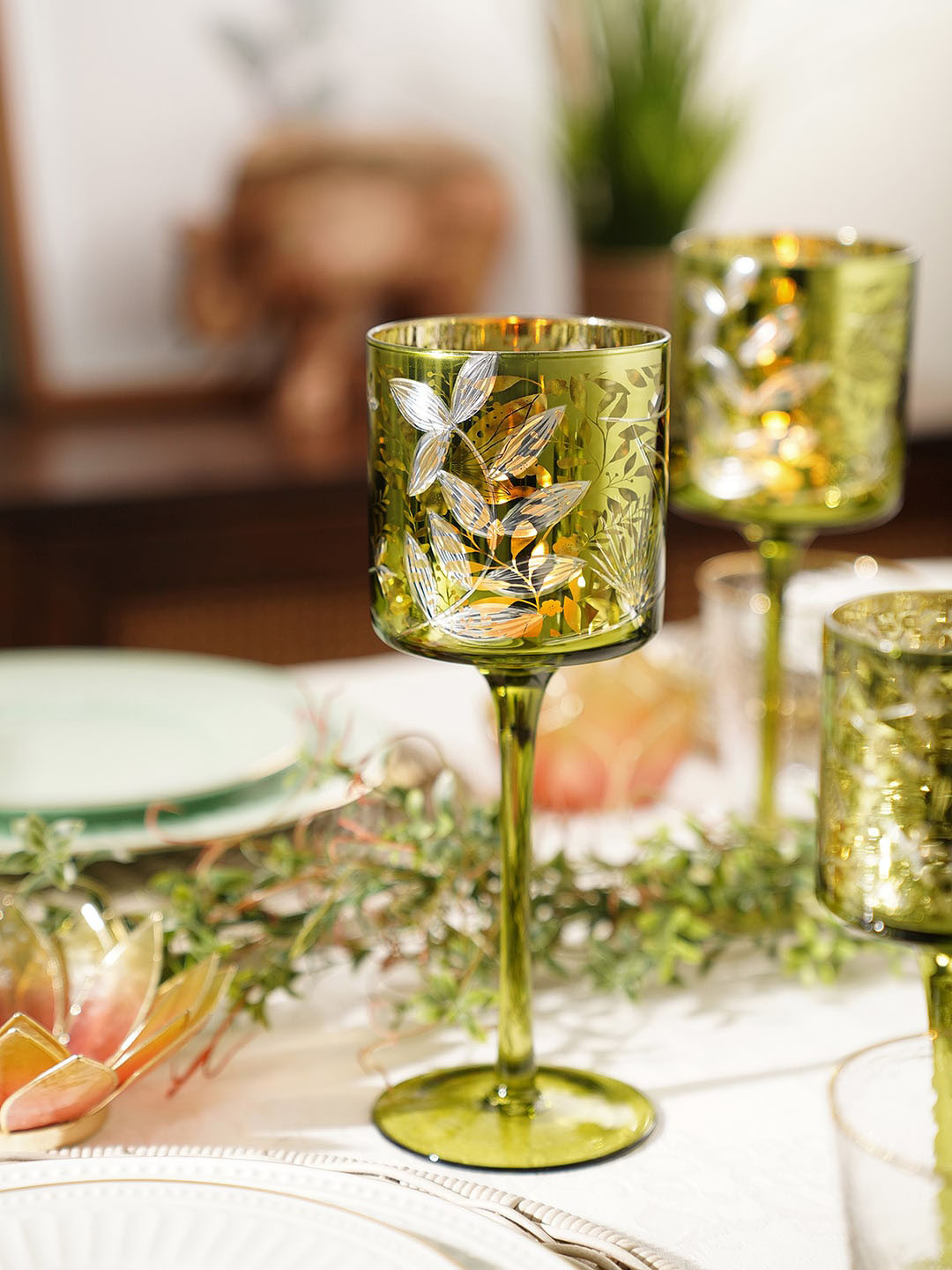 Pure Home and Living Green & White Floral Printed Glass Stem Candle Holder